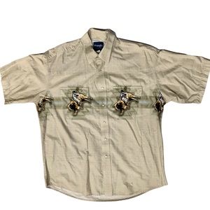 Vintage Wrangler Pearl Snap Shirt Aztec Bull Rider Size XL Short Sleeve Tan